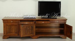 Credenza bassa porta Tv da soggiorno realizzata in stile classico con legno di noce e intarsio in ulivo